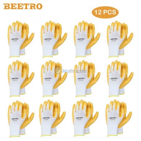 Ensemble de 12 paires de gants de protection  jaune en 52% de Nitrile et 48% de polyestère BEETRO