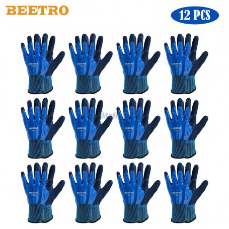 Ensemble de 12 paires de gants de protection bleu en polystère et latex BEETRO