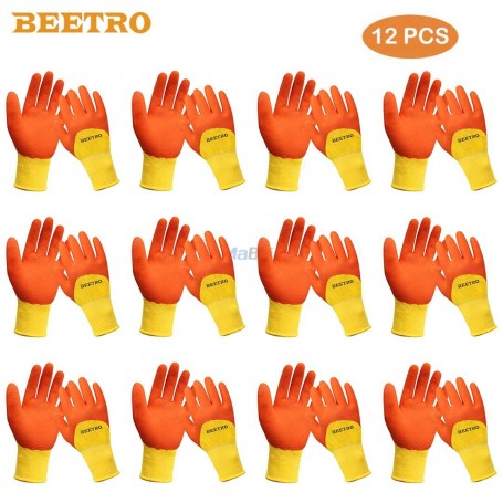 Ensemble de 12 paires de gants de protection Orange en 34% polystère et 66% latex BEETRO